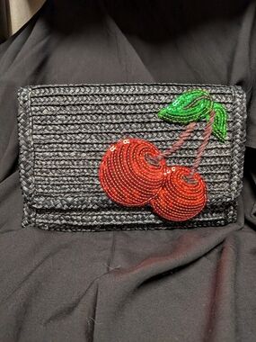 Felix Rey Black Woven Clutch with Red Sequin Cherry Accent Leopard Interior